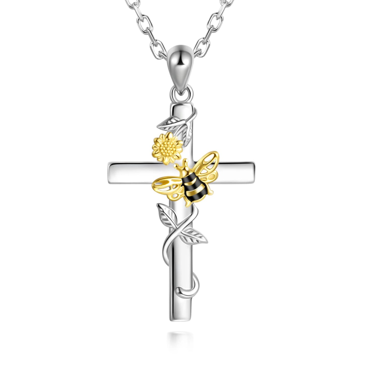 ZLILIJAN Cross Necklace 925 Sterling Silver Sunflower Bee Pendant You Are My Sunshine Honey Bee Jewelry Gifts for Women