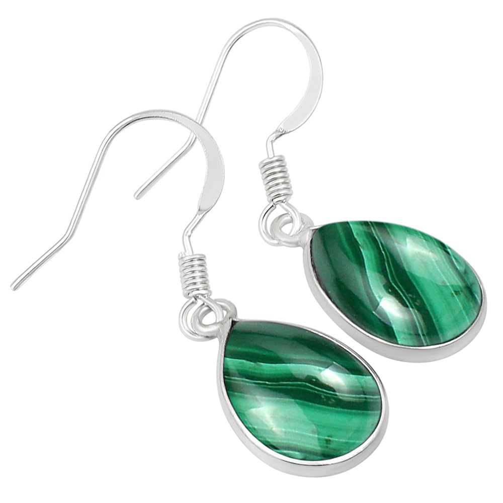 Natural Malachite Sterling Silver Plated Dangle Earrings for Women - Green Stone Teardrop Shape April Birthstone Handmade Drop Earrings Jewelry - Gifts for Her