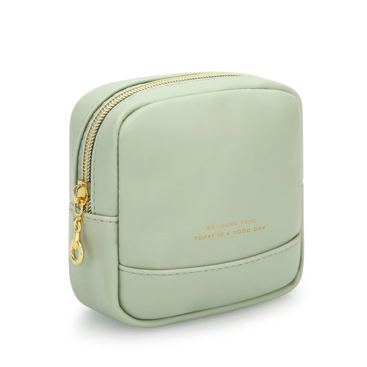 JINSI Small Makeup Bag for Purse,PU Leather Cute Travel Cosmetic Pouch Mini Make Up Bag for Organizer Toiletry Case for Women Girls with Interior Pockets and Zipper (Green)