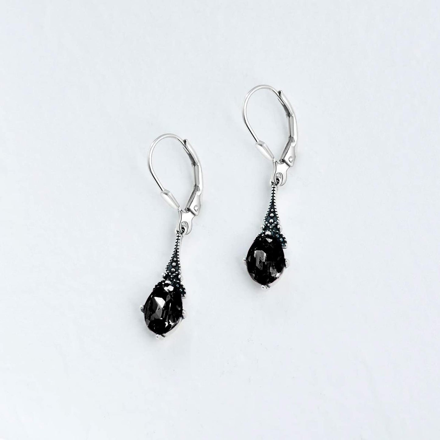 Vintage Gothic Black Earrings for Women Sterling Silver Retro Leverback Drop Dangle Earrings with Jet Black Oval Crystal from Austria, Birthday Jewelry Gifts for Women