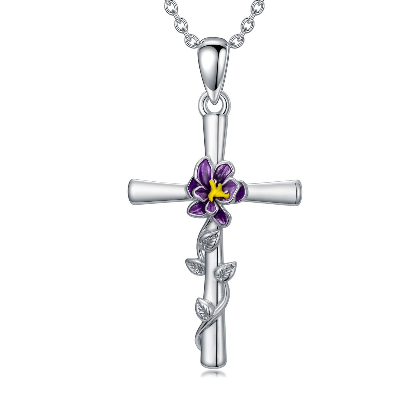 Cargari Violet Necklace for Women Sterling Silver Violet Cross Pendant Purple Flower Cross Necklace Birth Floral Jewelry Gifts for Women