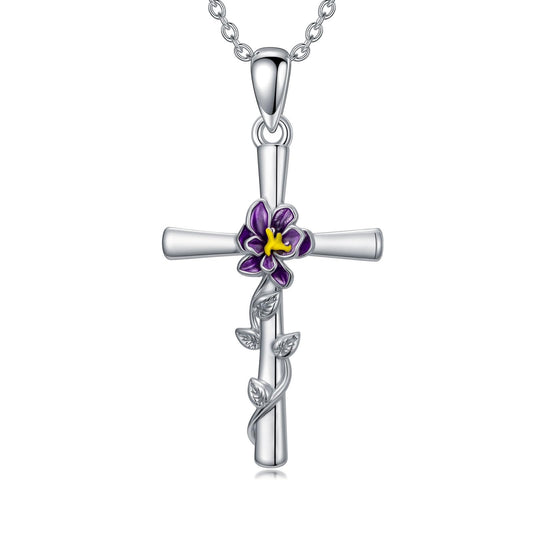 Cargari Violet Necklace for Women Sterling Silver Violet Cross Pendant Purple Flower Cross Necklace Birth Floral Jewelry Gifts for Women