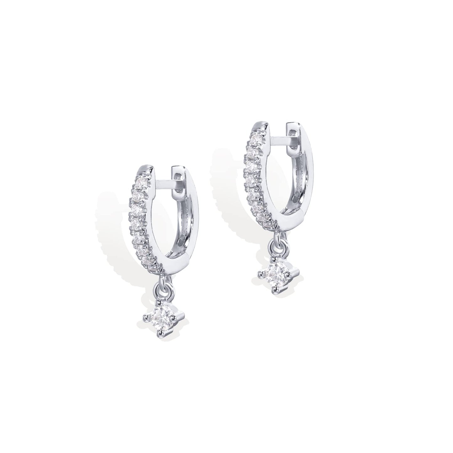 PAVOI Rhodium Plated 925 Sterling Silver Post Trendy Cubic Zirconia Round Dangle Huggie Earrings for Women - Small Gold Hinged Huggie Hoop Earrings