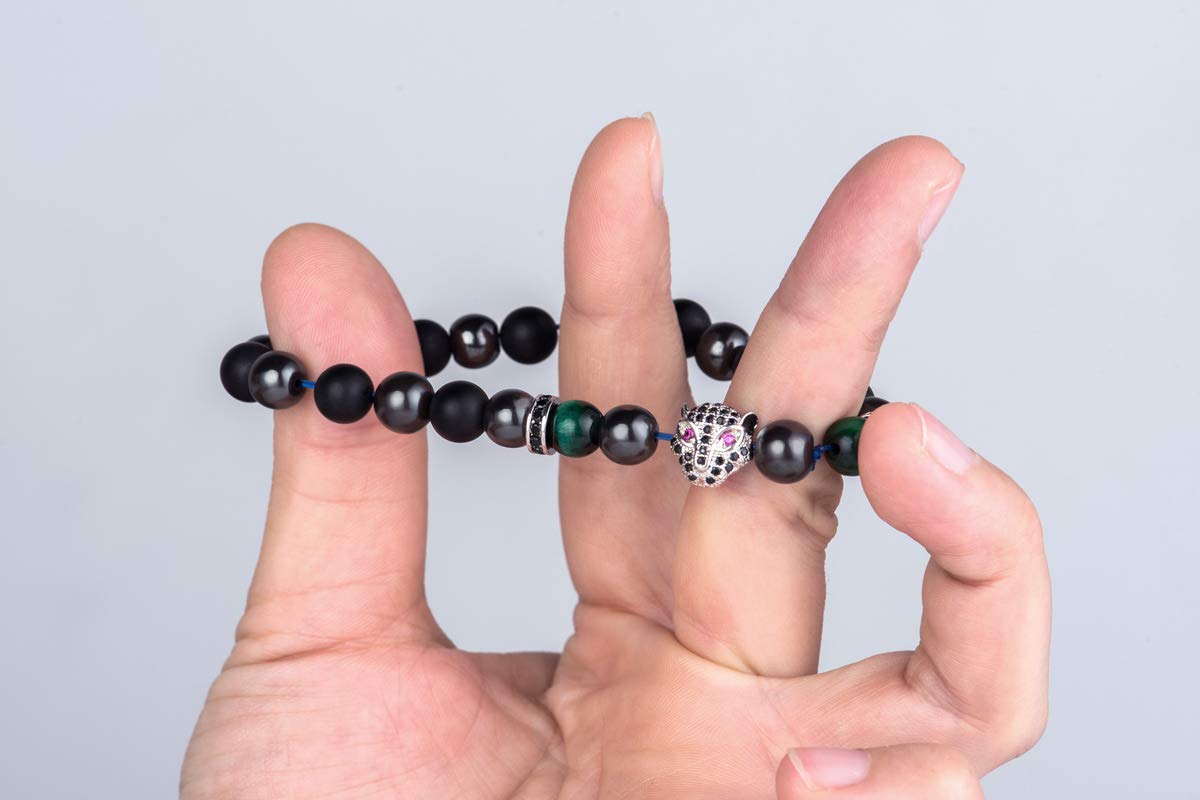 Karseer Black Panther Spirit Animal Bracelet, 8MM Natural Black Onyx Crystal and Hematite Beaded Elastic Bracelet, Handmade Meditation and Prayer Jewelry Unisex (Plated White Gold)