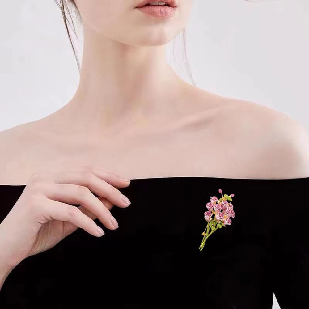 Pink Rose Bouquet Brooch for Women Girls Fashion Flower Lapel Pin for Party Prom Elegant Accessories Enamel Leaf Breastpin Decorative Floral Dress Suit Hat Bag Wedding Valentine Mother's Day Christmas