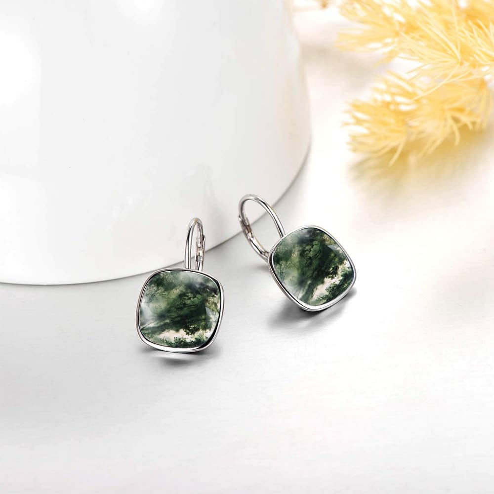 AOBOCO Sterling Silver Leverback Earrings Embellished with Crystals from Austria, Hypoallergenic Cushion Cut Square Crystal Earrings, Fine Anniversary Birthday Jewelry Gifts for Women (Moss Agate)