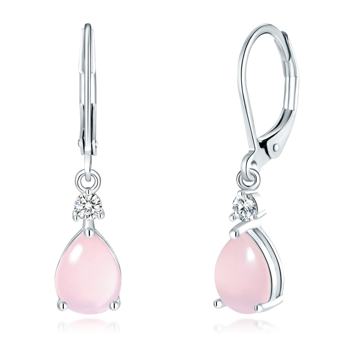 CiNily Womens Pink Leverback Dangle Earrings for Women Rose Quartz Drop Earrings 14K White Gold Plated Teardrop Gemstone Earrings