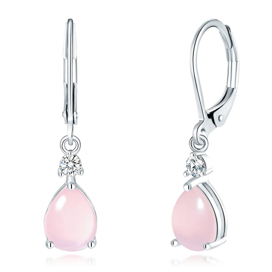 CiNily Womens Pink Leverback Dangle Earrings for Women Rose Quartz Drop Earrings 14K White Gold Plated Teardrop Gemstone Earrings