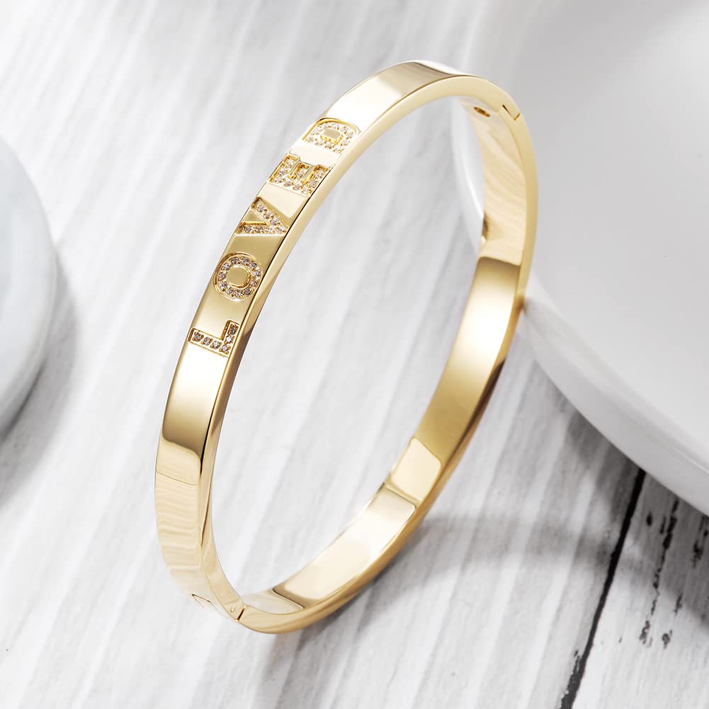 WISTIC Gold Plated Bangle Bracelet for Women, Silver Engraved Letter Cuff Bracelet with CZ, Fits 6.0–7.0 Inch Wrist, 2.4in Inner Dia., Rose Gold Stainless Steel Hinged Bangle Jewelry, LOVED, Gold