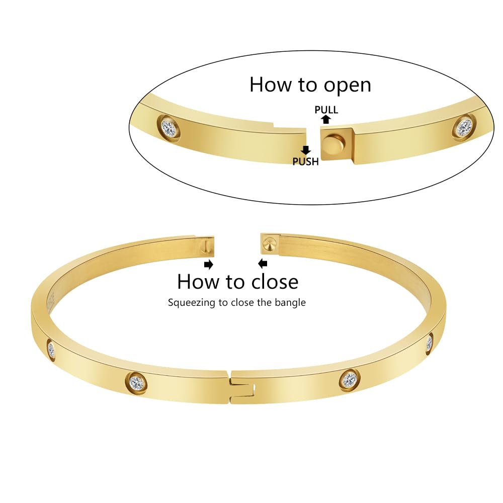 Edforce Stainless Steel 4mm Width Thin Love CZ Gold Bangle Bracelet for Women (Gold)