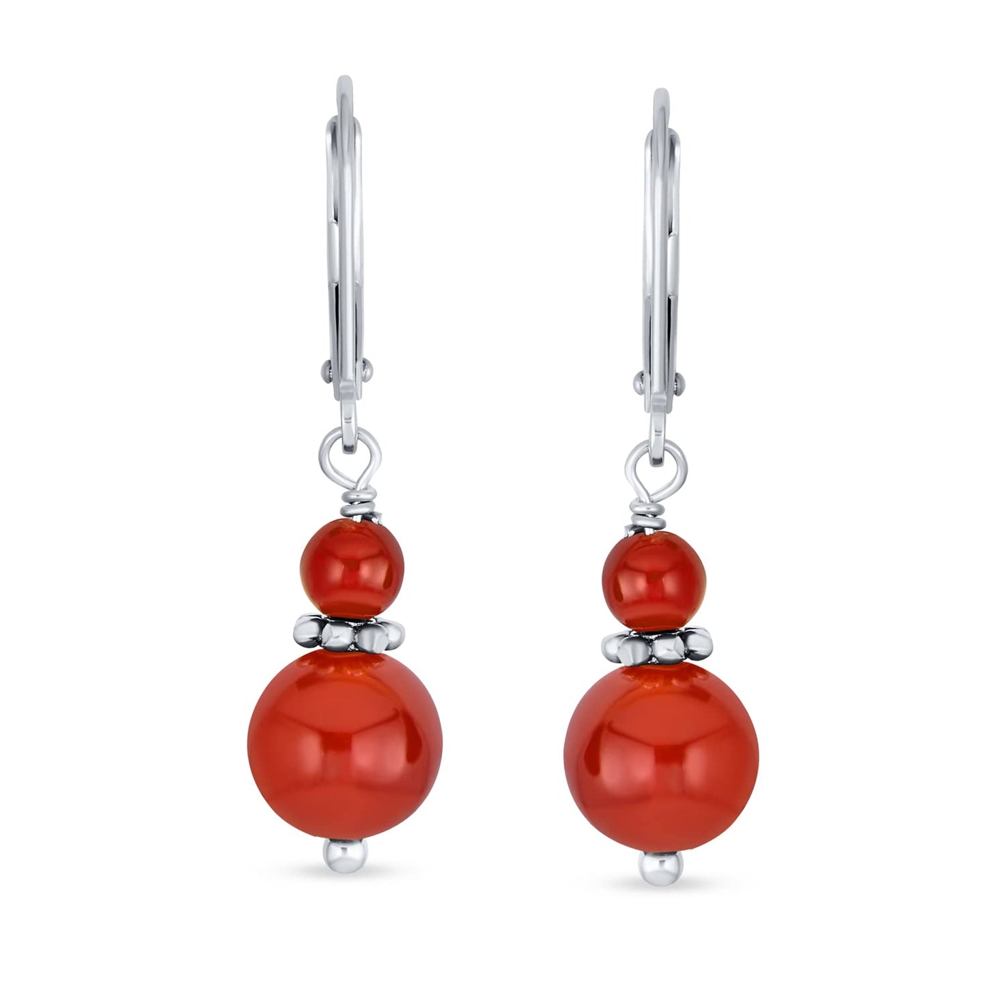 Bling Jewelry Bali Style .925 Sterling Silver Red Carnelian Bead 3MM & 8mm Balls Drop Earrings Milgrain Rondel Separator Lever Back Genuine Gemstone