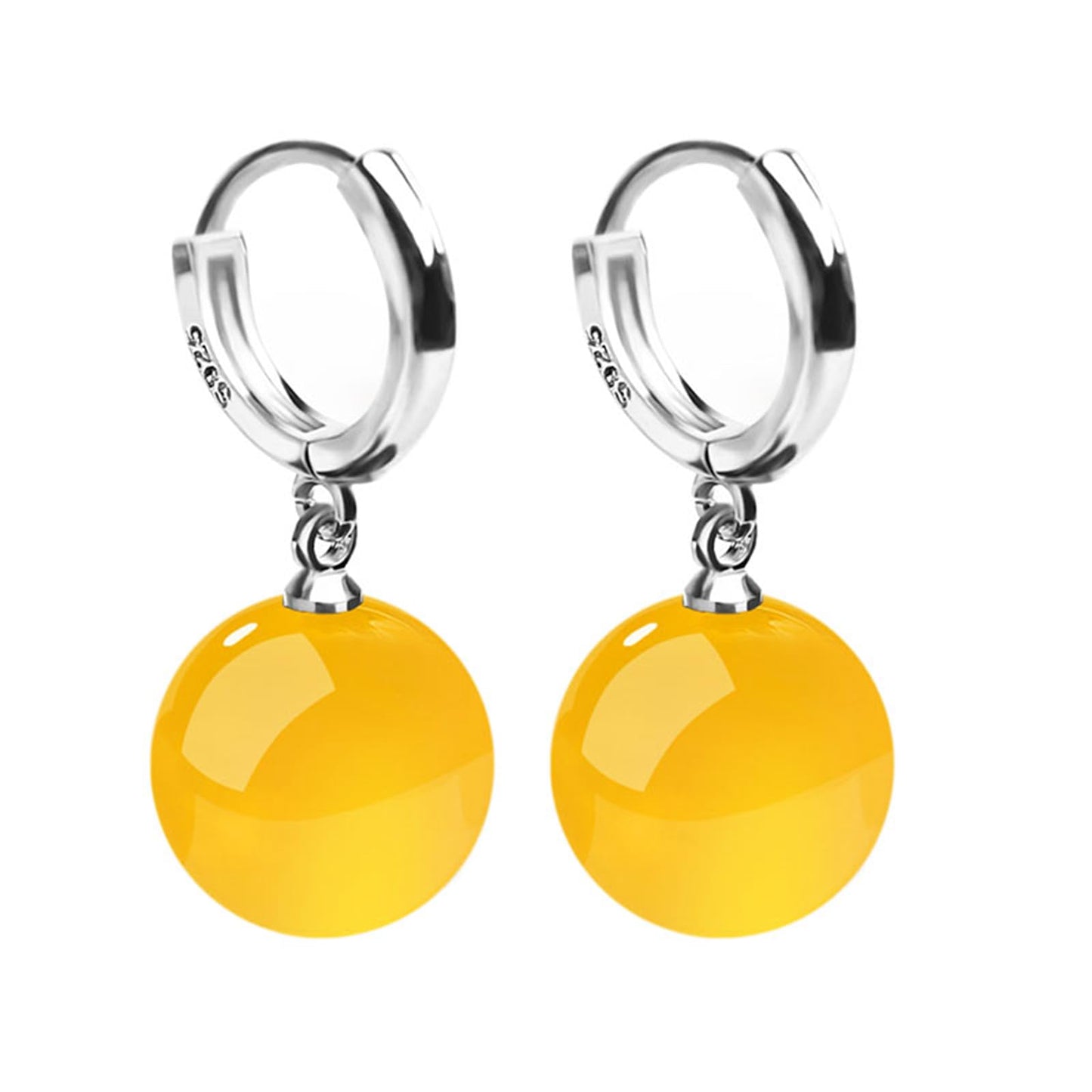 QLYOVWE Handmade Jade Earrings Basic Gemstone Round 12MM Bead Ball Drop Dangle Earrings Rose Quartz Stone Natural Agate Bead Jade Drop Earrings for Women (Yellow)