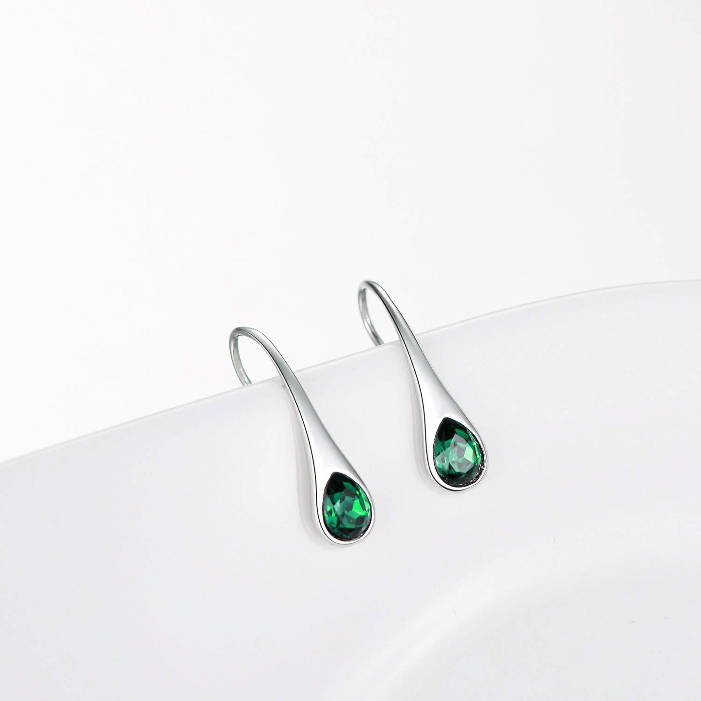 May Birthstone Emerald Earrings Sterling Silver Teardrop Dangle Drop Hook Earrings Women Pull Through Earrings Birthday Mother's Day Jewelry
