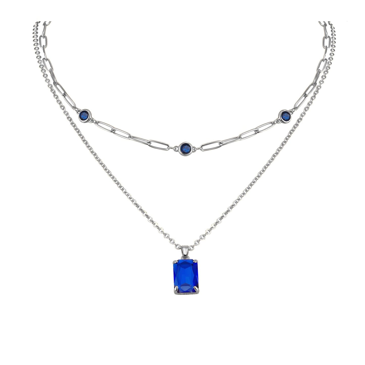 VANGETIMI Blue and Silver Layered Pendant Necklaces for Women Silver Plated Crystal Choker Necklace Paperclip Rhinestone Necklace Party Prom Jewelry