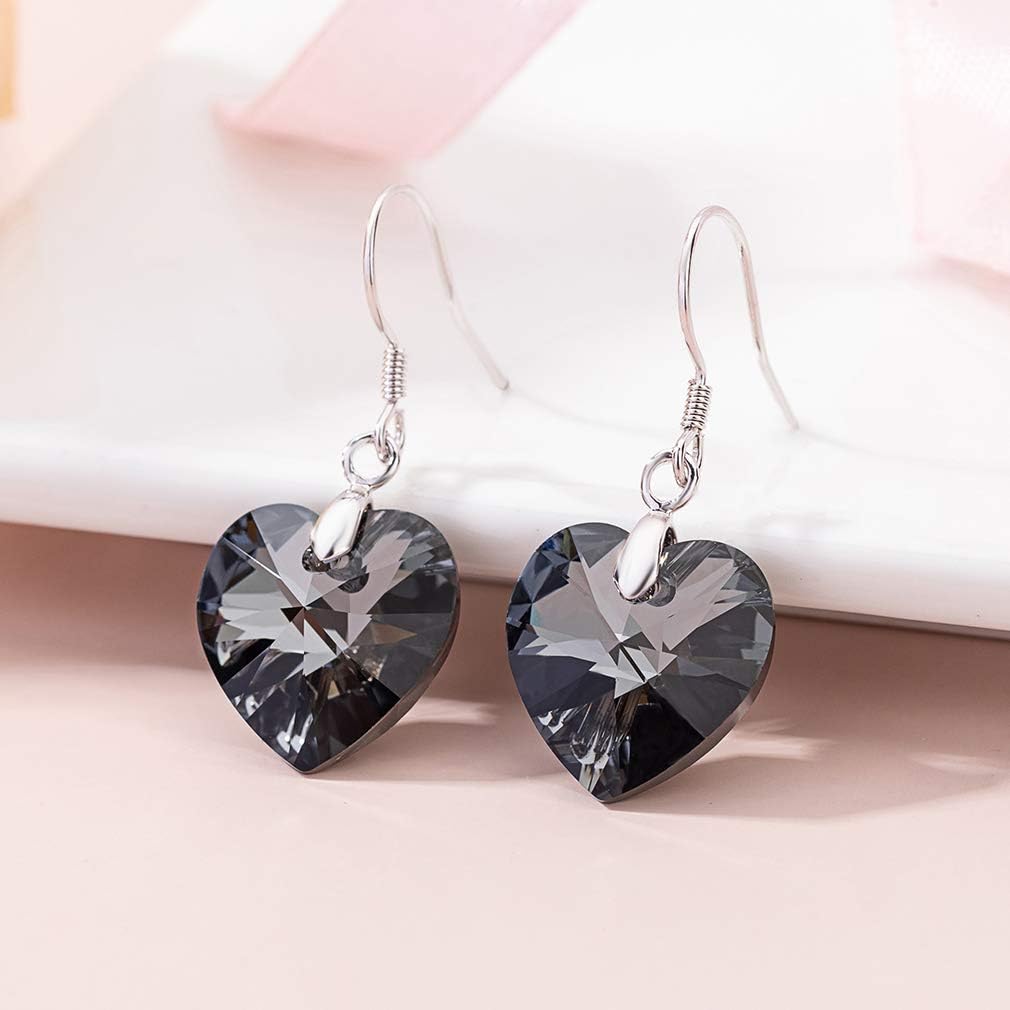 Austrian Crystal Heart Drop Dangle Earrings for Women 925 Sterling Silver Hook Hypoallergenic Earring (Grey-Black)
