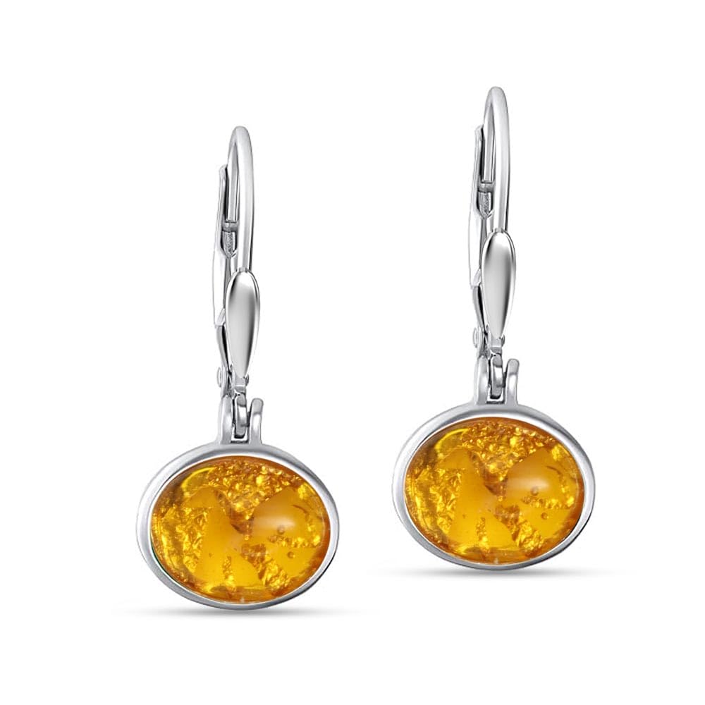 LeCalla 925 Sterling Silver Jewelry | Oval Amber Gemstone Leverback Earrings | Gemstones Faceted Drop Earrings for Women 23MM