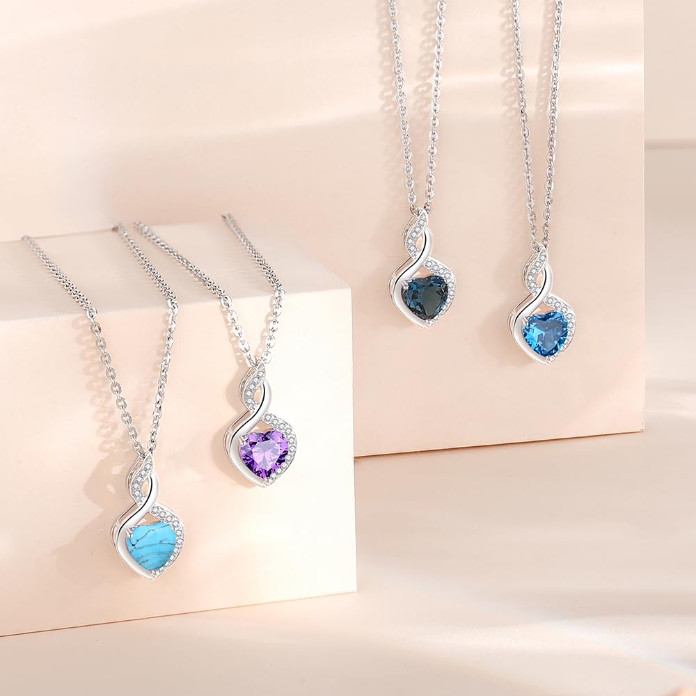 FANCIME Blue Topaz Necklace 14K Solid White Gold Heart Pendant with Diamond December Birthstone Necklace Jewelry Gifts for Mom Women