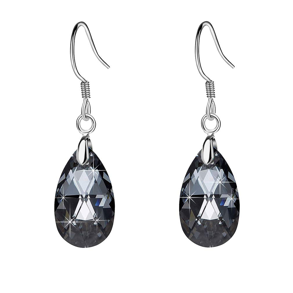 Austrian Crystal Teardrop Dangle Earrings for Women Drop Hook Earring 925 Sterling Silver Hypoallergenic Jewelry (Grey-Black)