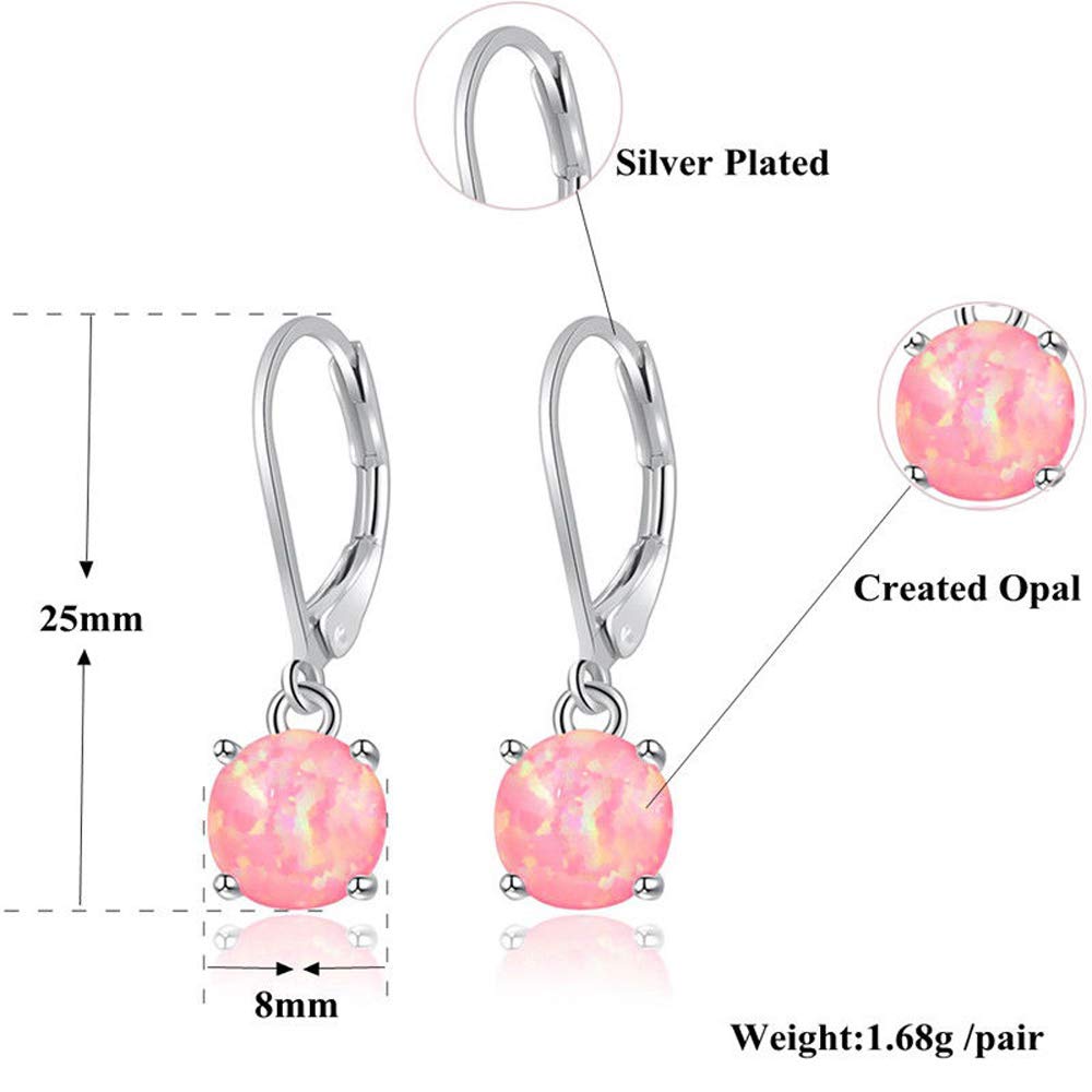 CiNily Round-Cut Opal Dangle Earrings, Pink Fire Opal Rhodium Plated Women Jewelry Leverback Gemstone Small Drop Earrings
