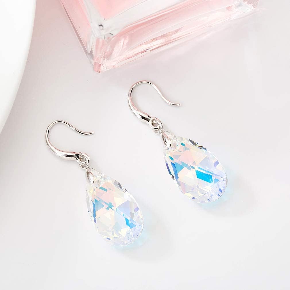 Austrian Crystal Teardrop Dangle Hook Earrings for Women 14K Gold Plated Hypoallergenic Jewelry (Aurora Borealis)