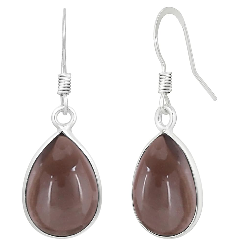 Natural Smoky Quartz Sterling Silver Plated Dangle Earrings for Women - Brown Gemstone Teardrop Shape November Birthstone Handmade Drop Earrings Jewelry - Gift for Her