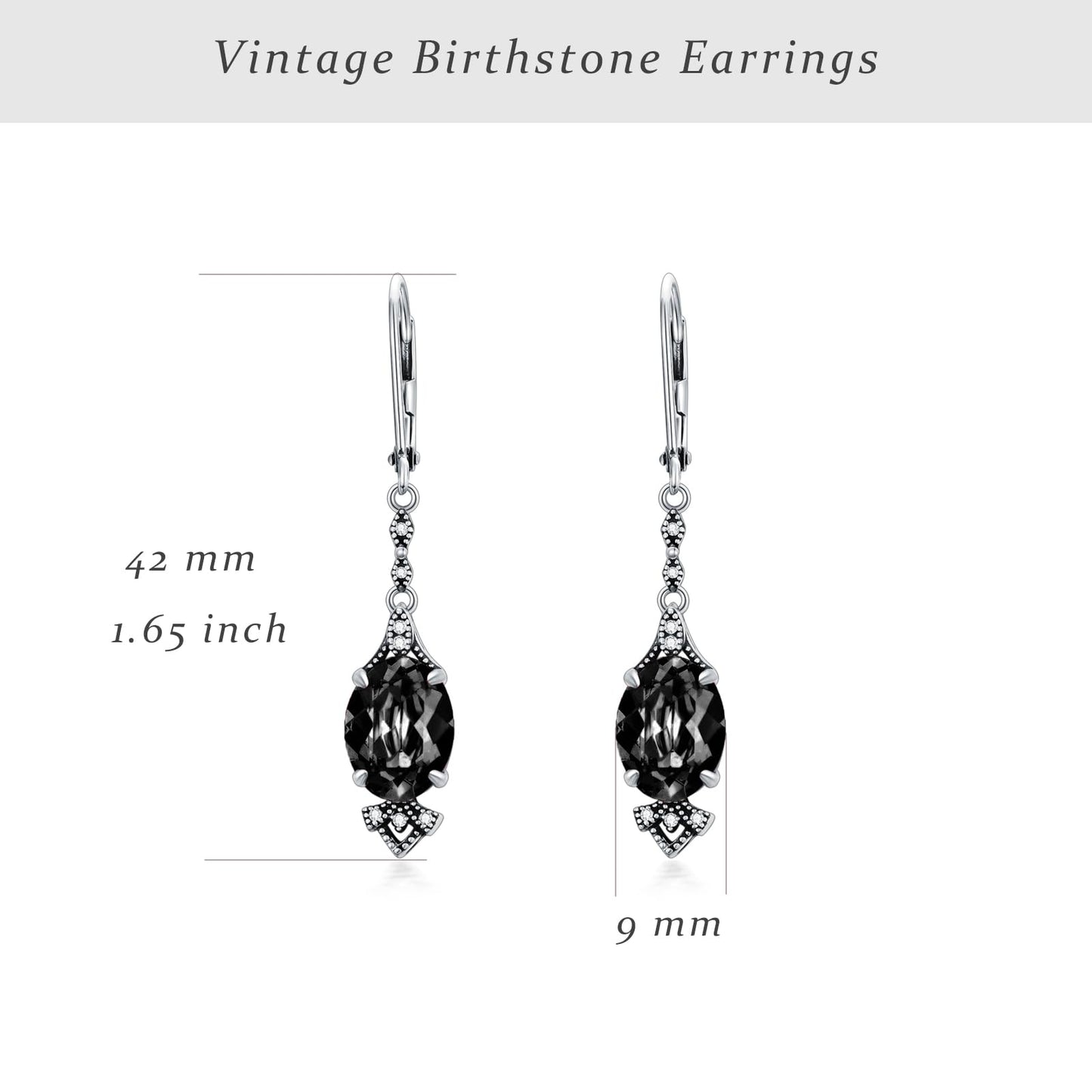 Vintage Black Leverback Earrings 925 Sterling Silver Retro Antique Looking Leverback Dangle Drop Earrings with 9mm Oval Crystal, Anniversary Jewelry Gifts for Women