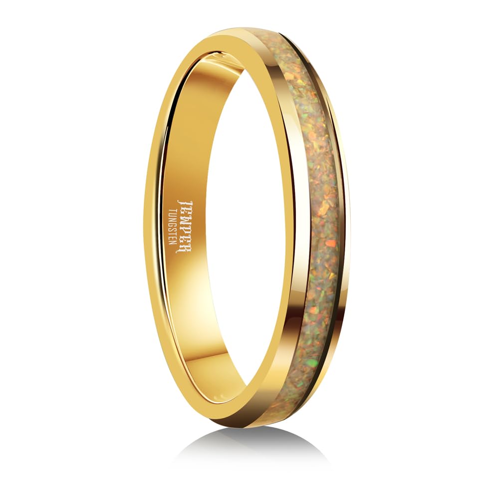 JEWPER 4mm Men Womens Wedding Band Tungsten Rings Gold Fashion Promise Carbide Inlaid White Opal Matte Finish Edge Comfort Fit Size(9)