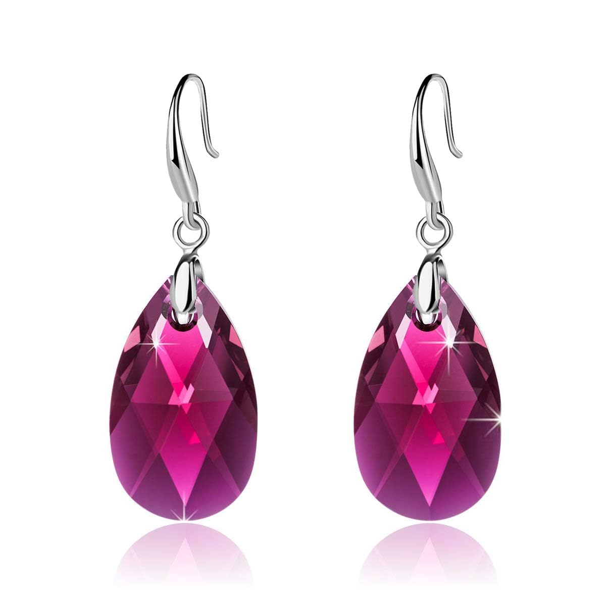 Austrian Crystal Teardrop Dangle Hook Earrings for Women 14K Gold Plated Hypoallergenic Jewelry (Fuchsia)