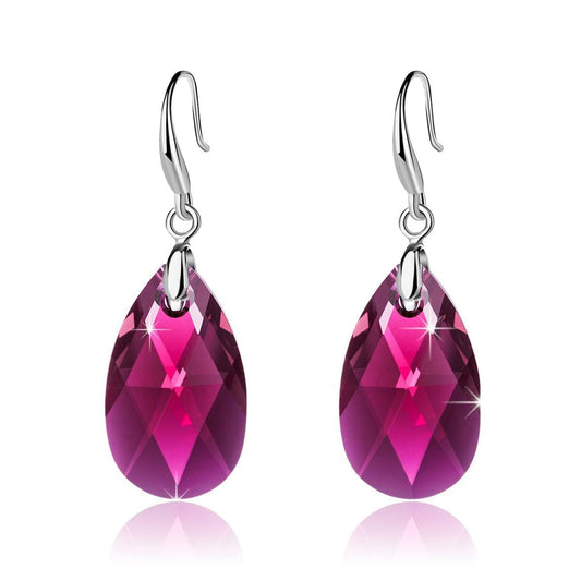 Austrian Crystal Teardrop Dangle Hook Earrings for Women 14K Gold Plated Hypoallergenic Jewelry (Fuchsia)