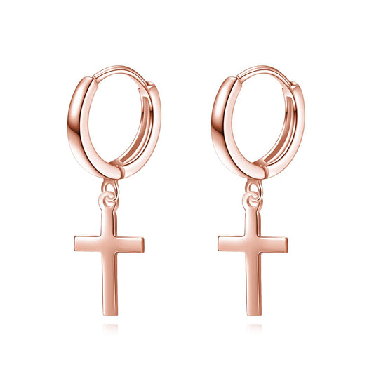 Sterling Silver Hanging Hoop Cross Earrings Rose Gold Plated Cross Dangle Drop Earrings for Women Religious Jewelry Gifts