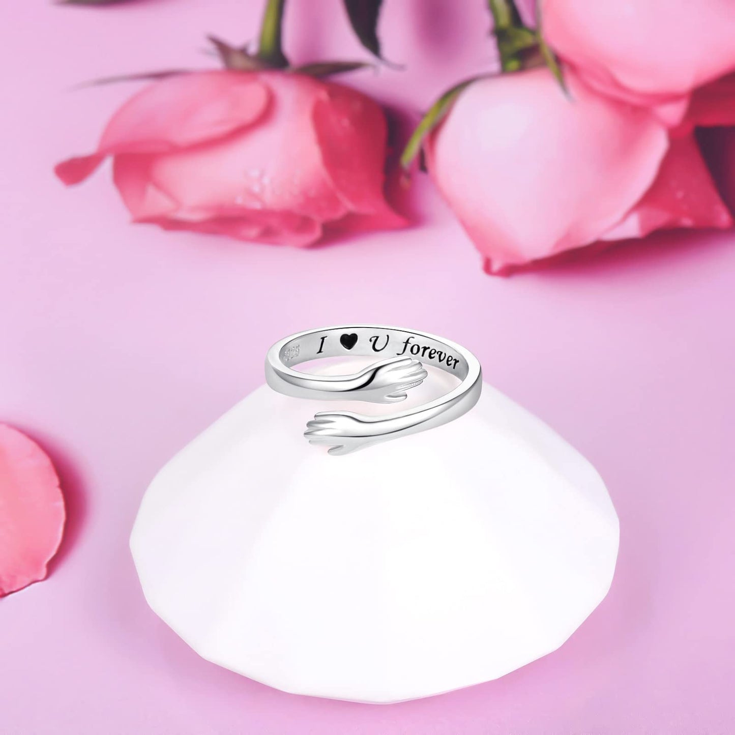 925 Sterling Silver Adjustable Hug Ring Come to My Arm Couple Hugging Rings for Women Mens Wedding Band Rings I Love You Forever Engraved Wrap Around Rings Hand Ring Jewelry for Women Teens (Silver)