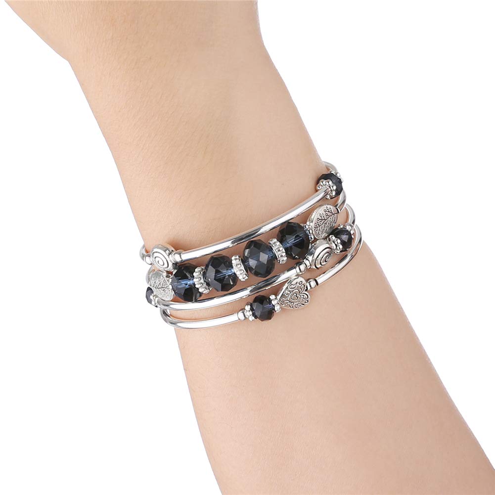 PEARL&CLUB Bead Crystal Wrap Bangle Bracelet - Fashion Jewelry Beaded Bracelet with Silver Metal, Gifts for Women(23-Navy Blue)