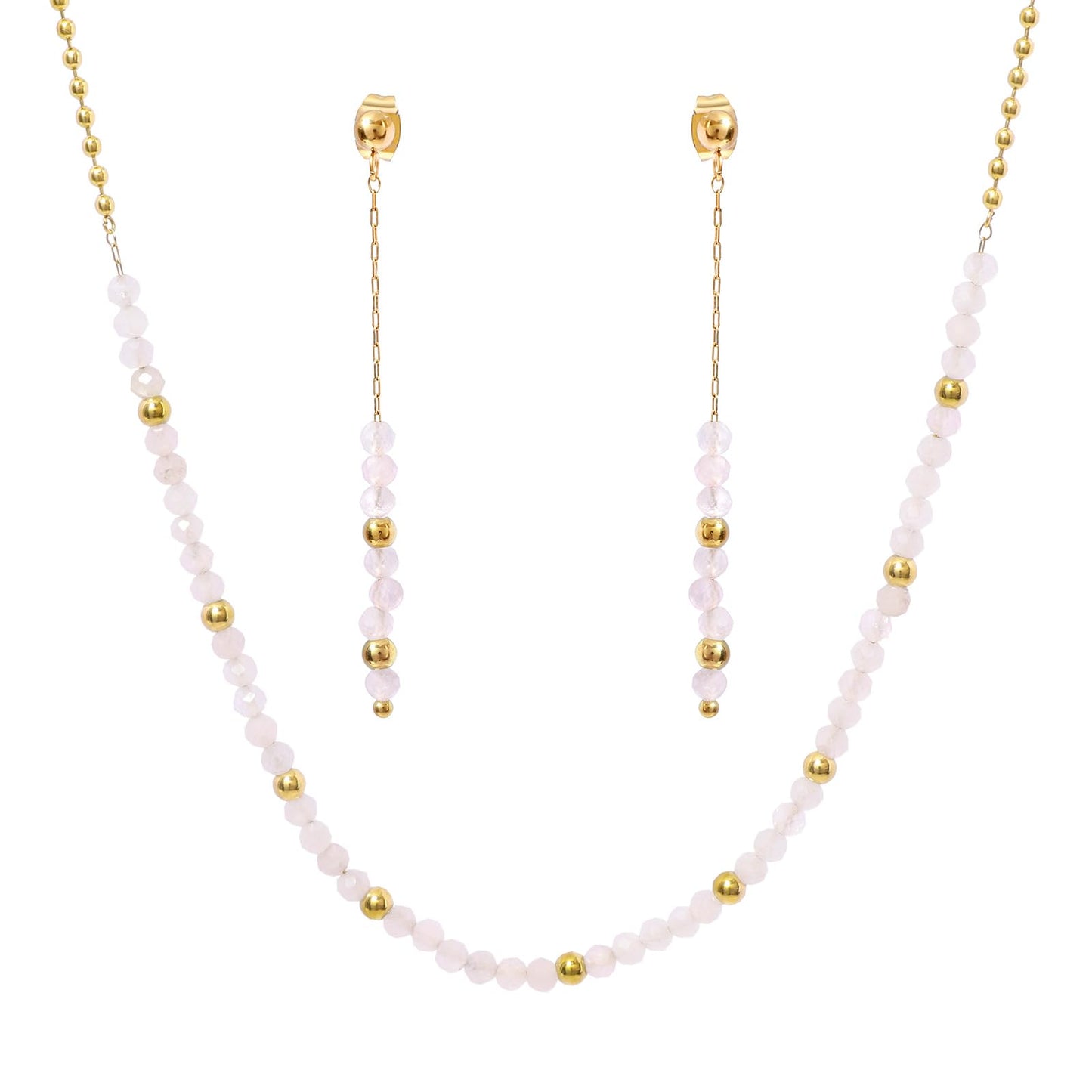TaYolnFaSo Round Rose Quartz Beads Jewelry Set for Women 18K Gold Plated Rose Quartz Necklace and Earrings Set Gift for Girlfriend