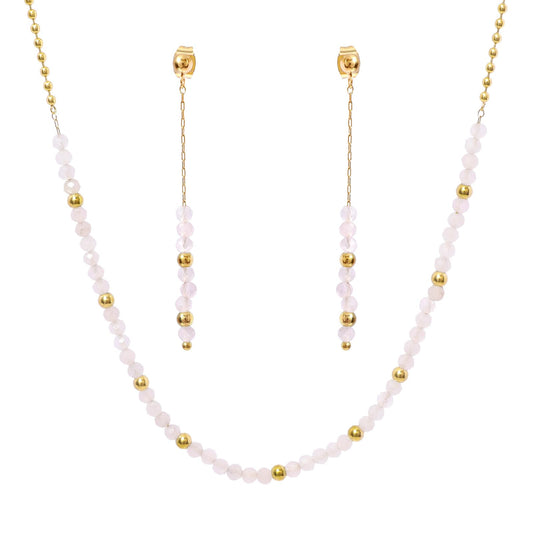 TaYolnFaSo Round Rose Quartz Beads Jewelry Set for Women 18K Gold Plated Rose Quartz Necklace and Earrings Set Gift for Girlfriend
