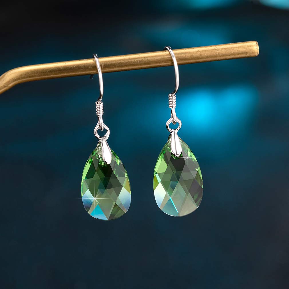 Teardrop Austrian Crystal Drop Dangle Earrings for Women 925 Sterling Silver Hook Hypoallergenic Earring (Green)