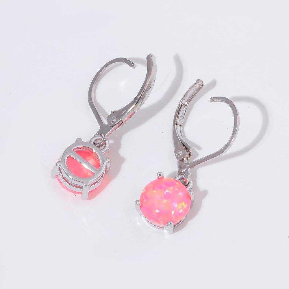CiNily Round-Cut Opal Dangle Earrings, Pink Fire Opal Rhodium Plated Women Jewelry Leverback Gemstone Small Drop Earrings