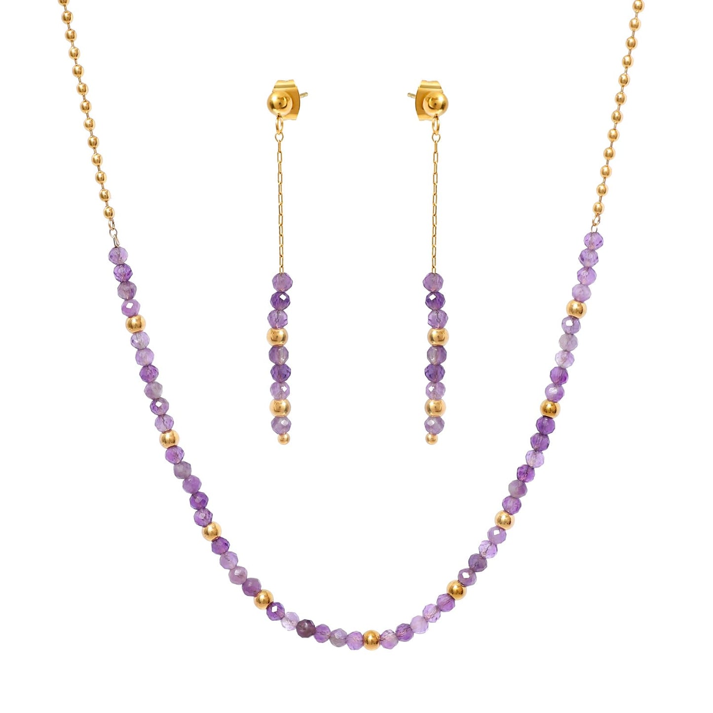 TaYolnFaSo Round Amethyst Beads Jewelry Set for Women 18K Gold Plated Amethyst Necklace and Earrings Set Gift for Wife