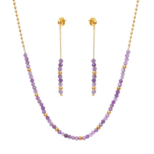TaYolnFaSo Round Amethyst Beads Jewelry Set for Women 18K Gold Plated Amethyst Necklace and Earrings Set Gift for Wife