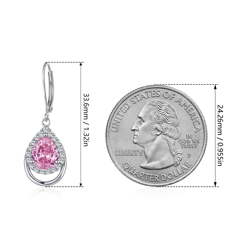 Pink Earrings for Women Sterling Silver Hot Pink Birthstone Teardrop Dangle Drop Jewellry Wedding Engagement Christmas Gifts for Women Her Wife fiancée