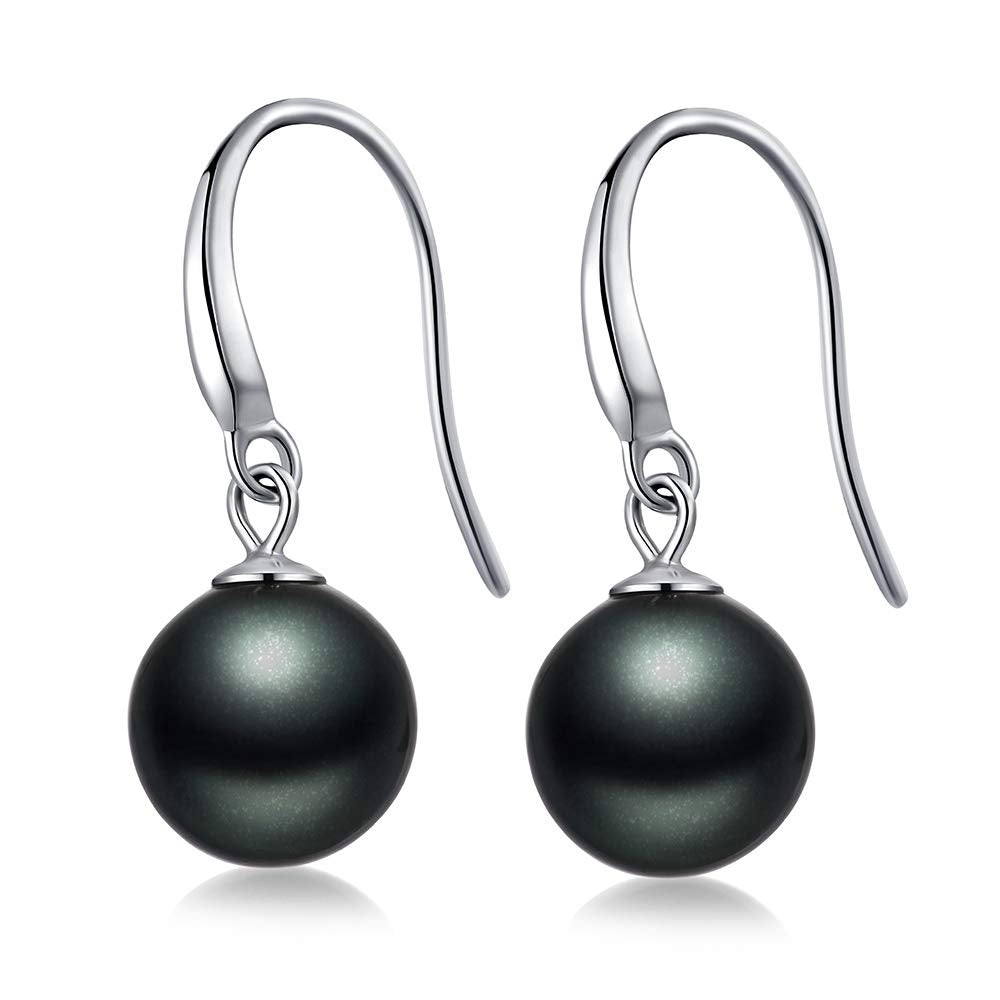 Han han Black Pearl Dangle Earring for Women 925 Sterling Silver Drop Earrings 10MM