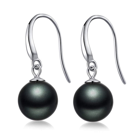 Han han Black Pearl Dangle Earring for Women 925 Sterling Silver Drop Earrings 10MM