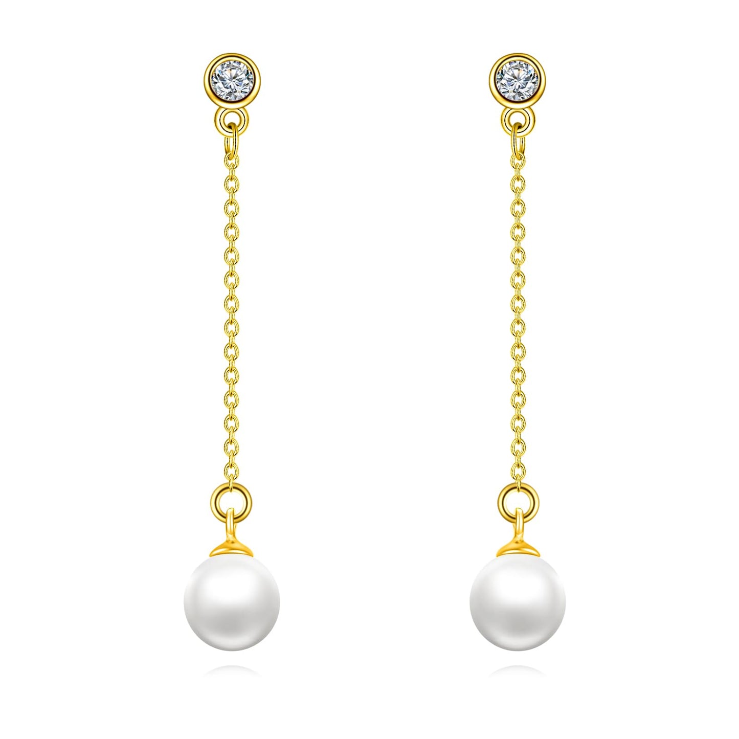 POPLYKE Pearl Drop Earrings Sterling Silver Threader Pearl Long Chain Earrings Jewelry Gifts for Women Wedding Bridesmaids(Yellow Gold)
