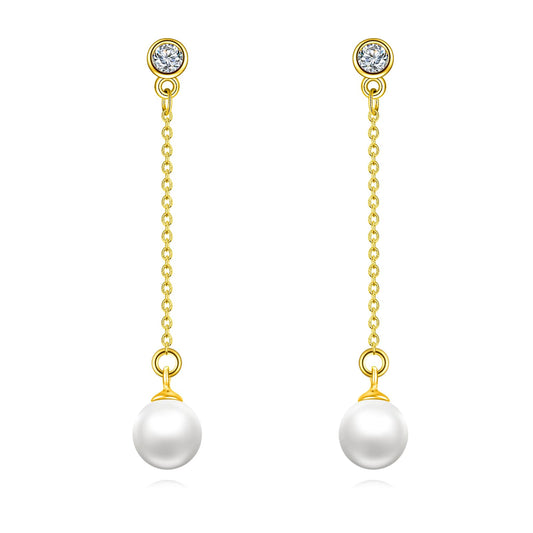 POPLYKE Pearl Drop Earrings Sterling Silver Threader Pearl Long Chain Earrings Jewelry Gifts for Women Wedding Bridesmaids(Yellow Gold)