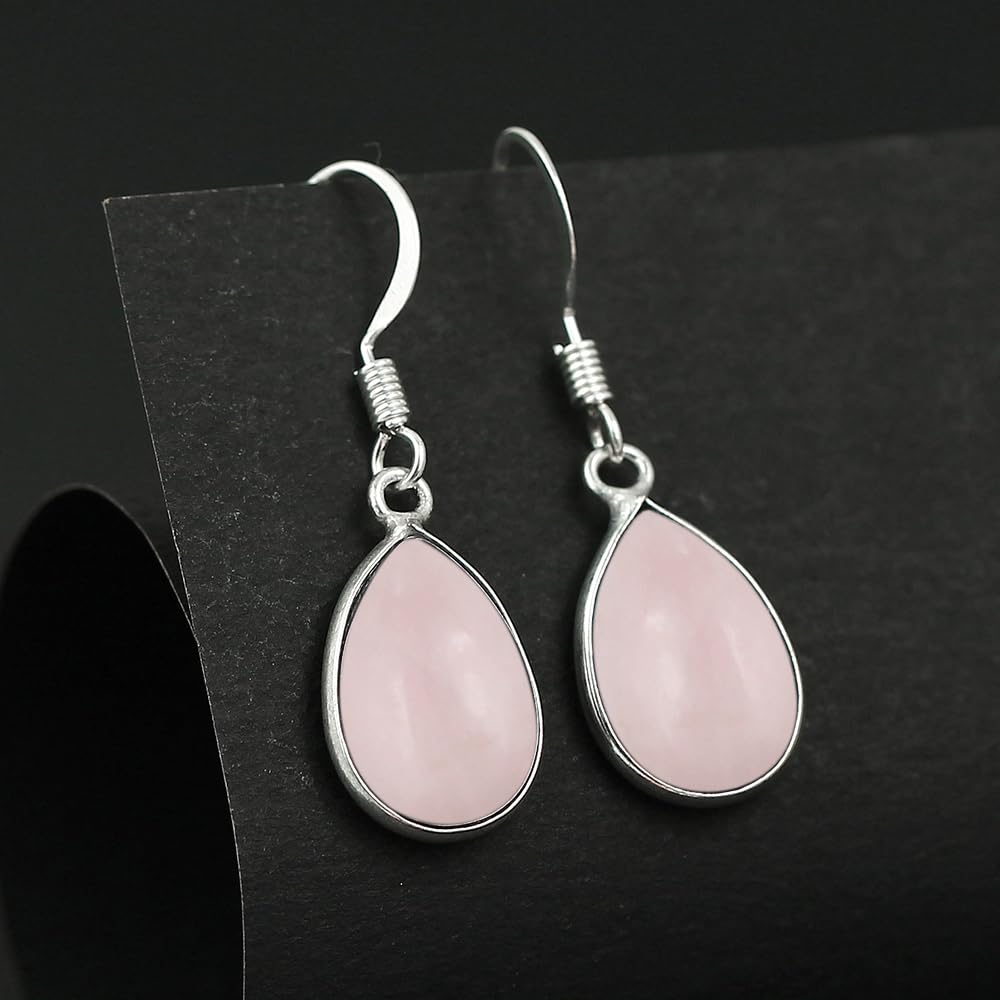 Natural Rose Quartz Sterling Silver Plated Dangle Earrings for Women - Pink Gemstone Teardrop Shape January Birthstone Handmade Drop Earrings Jewelry - Valentine's Day Gifts for Love
