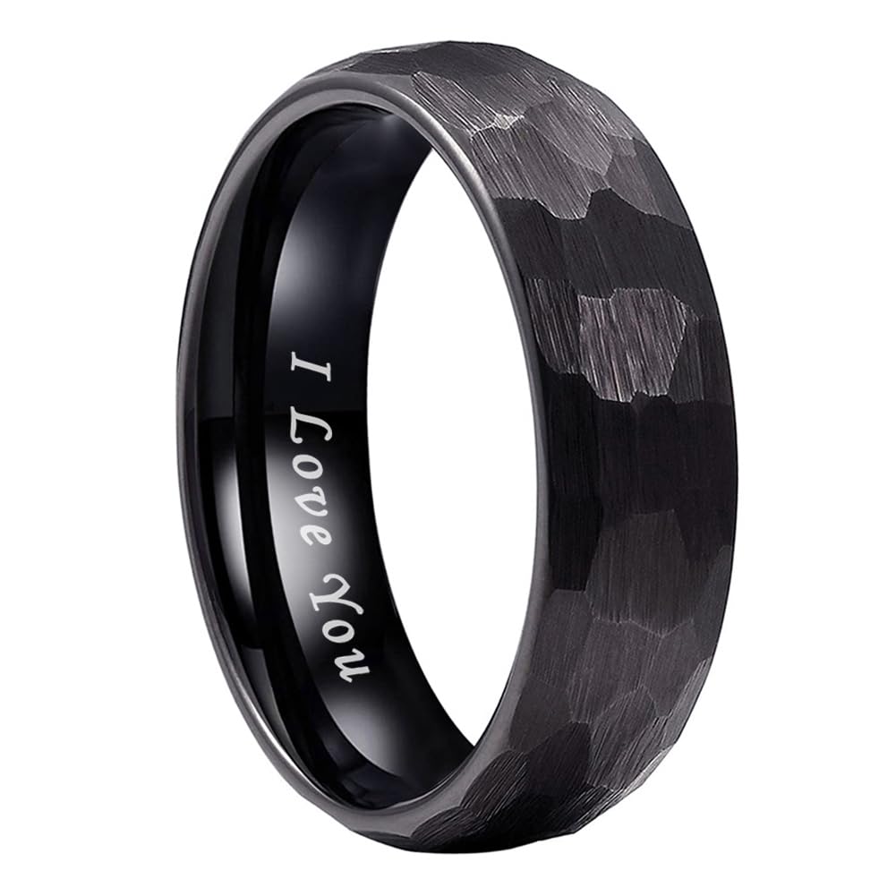 TUTISS 6mm Black Hammered Tungsten Carbide Rings for Men Women Engagement Wedding Bands Domed I Love You Engraved Comfort Fit Size 8