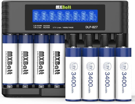MXBatt 8 3400mWh 1.5V, 8 Packs 1500 AA Batteries Rechargeable Lithium with Charger Bay, Cycles, for Cordless Phones