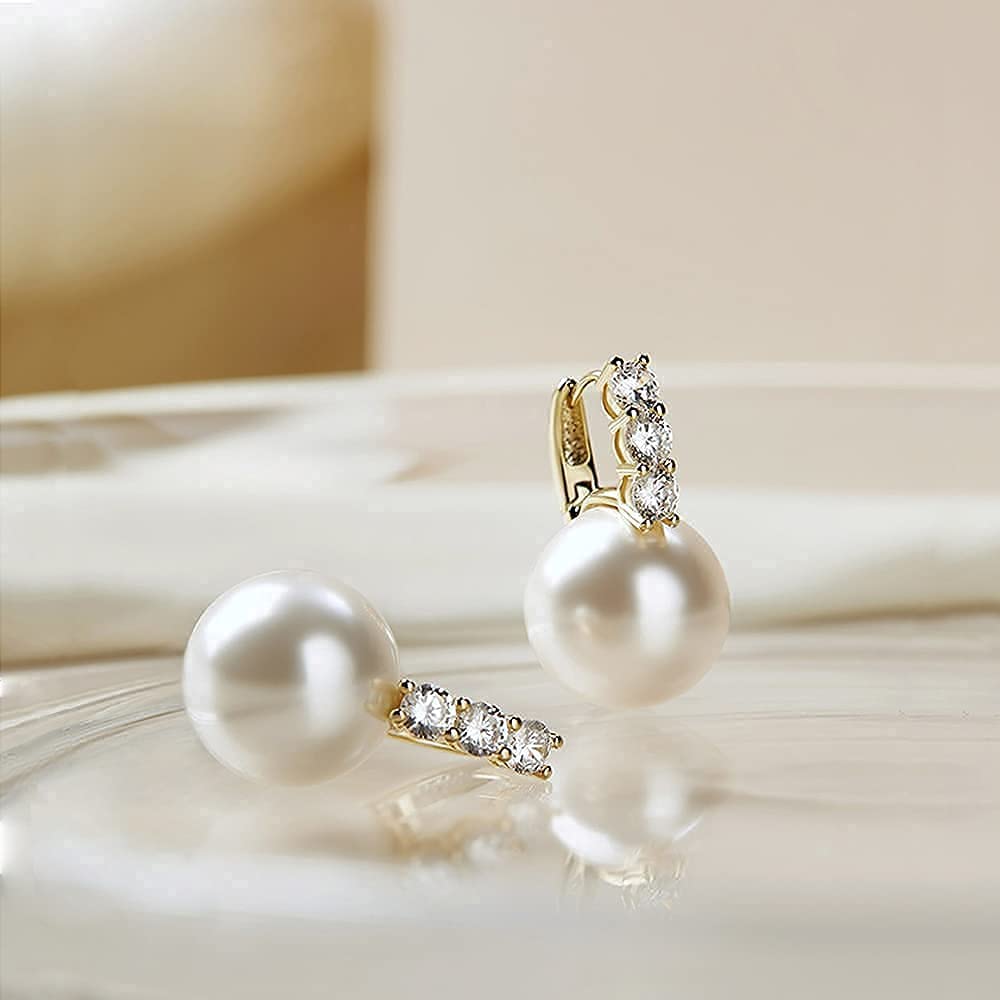 Pearl Earrings for Women 14K Gold Plated Hypoallergenic Pearl Earrings 5A Cubic Zirconia Dangle Earrings Elegant Jewelry (1-Gold)