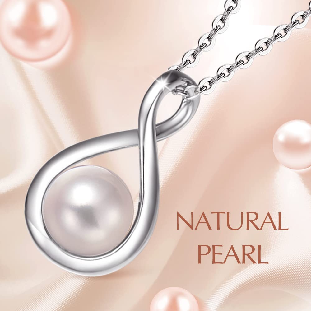 FANCIME White Pearl Necklace June Birthstone Necklace for Women, 925 Sterling Silver Dainty Infinity Pendant Fine Jewelry Birthday Mothers Day Gifts for Women Her Mom Daughter, 16+2 Inch