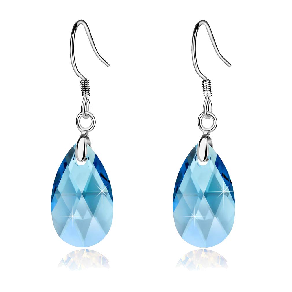 Teardrop Austrian Crystal Drop Dangle Earrings for Women 925 Sterling Silver Hook Hypoallergenic Earring (Aquamarine)