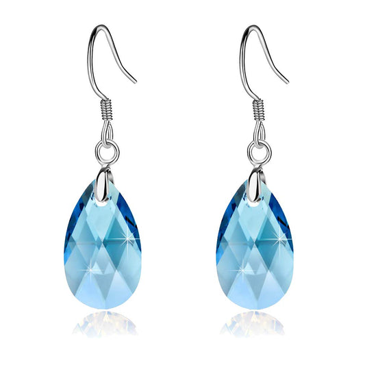 Teardrop Austrian Crystal Drop Dangle Earrings for Women 925 Sterling Silver Hook Hypoallergenic Earring (Aquamarine)